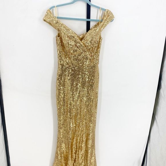 Revelry Bardot Gold Sequin Dress Sz 2 - Picture 5 of 8